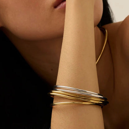 18K Gold and SIlver Two Tone Minimalist Slim Bangle Bracelet Stack