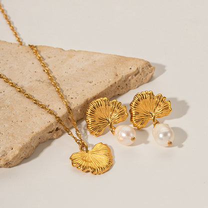 18K Gold Ginkgo Pearl Drop Dangle Stud Earrings
