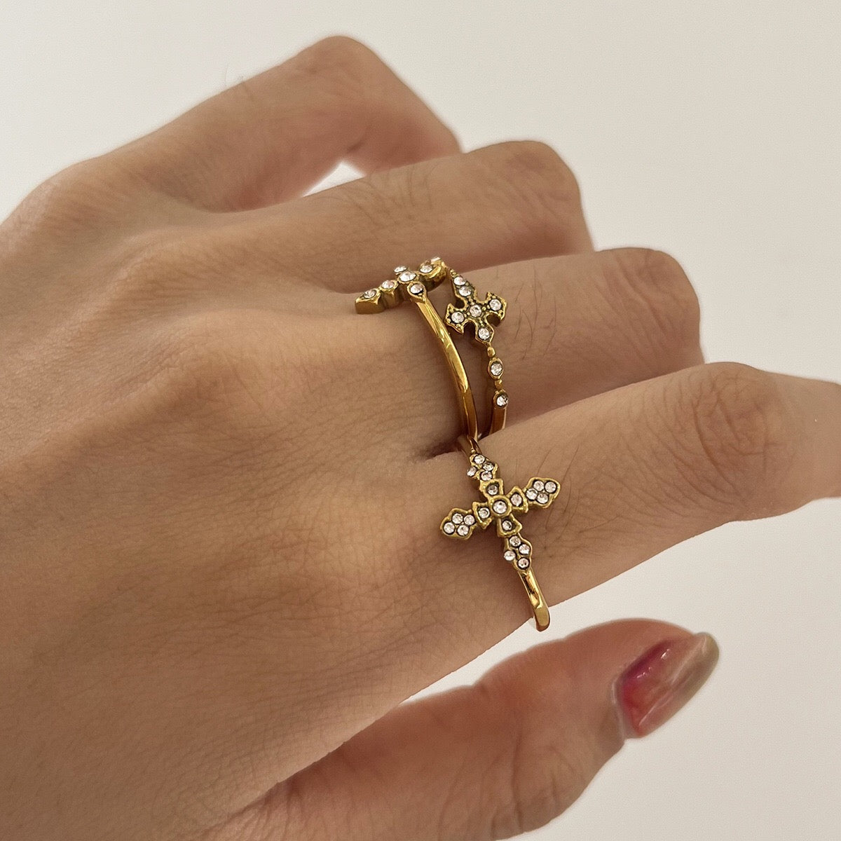 18K Gold Grace Cross Pave Stacking Rings