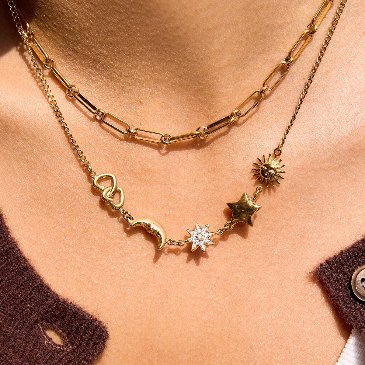 18K Gold Celestial Dream Sun Moon Star Heart Charm Necklace