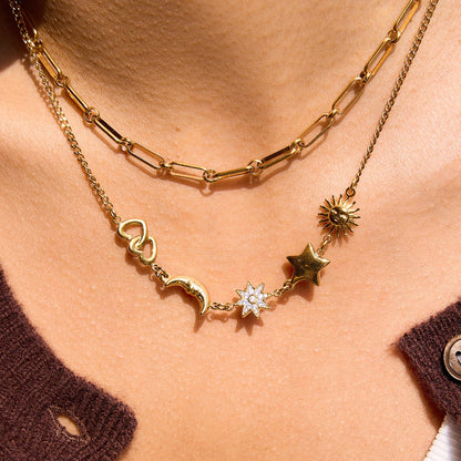 18K Gold Celestial Dream Sun Moon Star Heart Charm Necklace