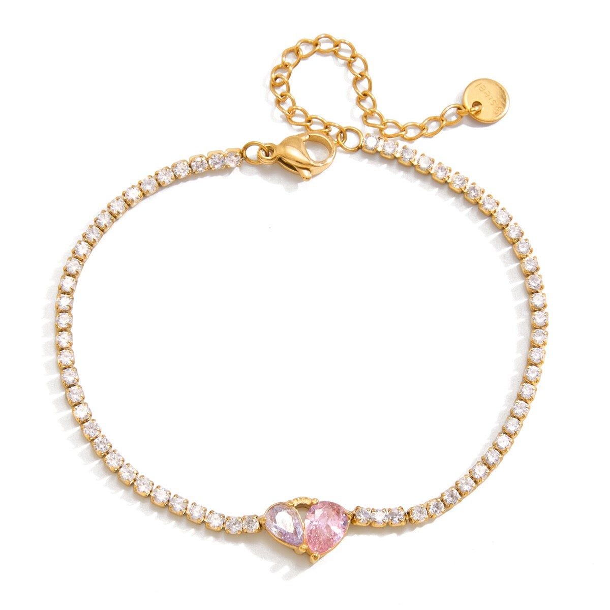18K Gold Pink Promise Heart Dainty Tennis Chain Bracelet