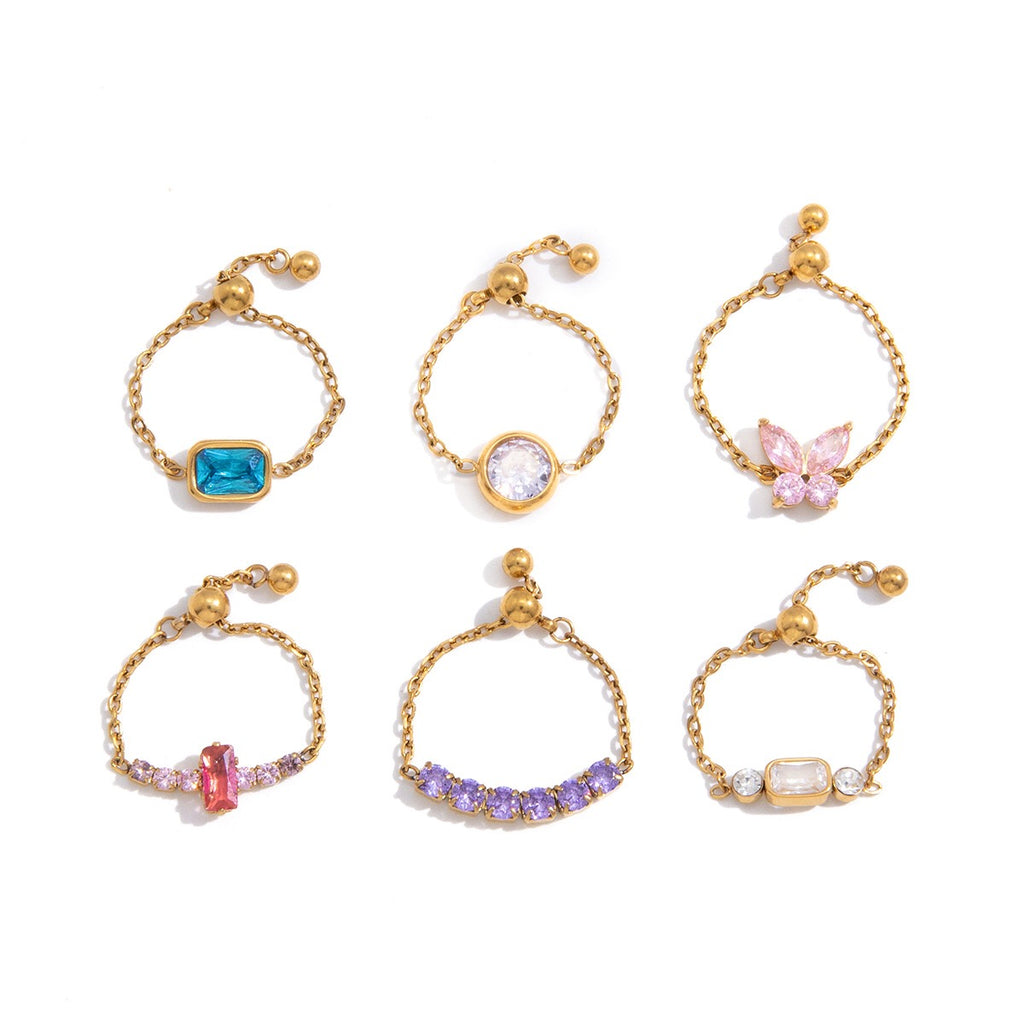 18K Gold Daydream Pink Butterfly Color Stones Adjustable Chain Ring