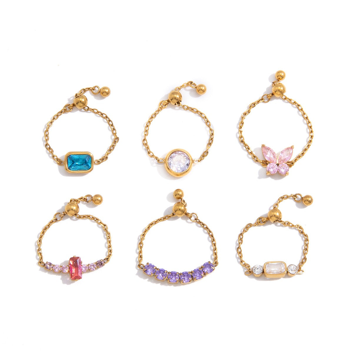 18K Gold Daydream Pink Butterfly Color Stones Adjustable Chain Ring