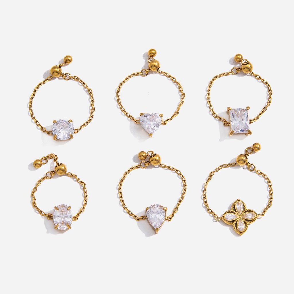 18K Gold Spark Drop Heart Clover Flower Adjustable Chain Ring
