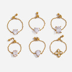 18K Gold Spark Drop Heart Clover Flower Adjustable Chain Ring
