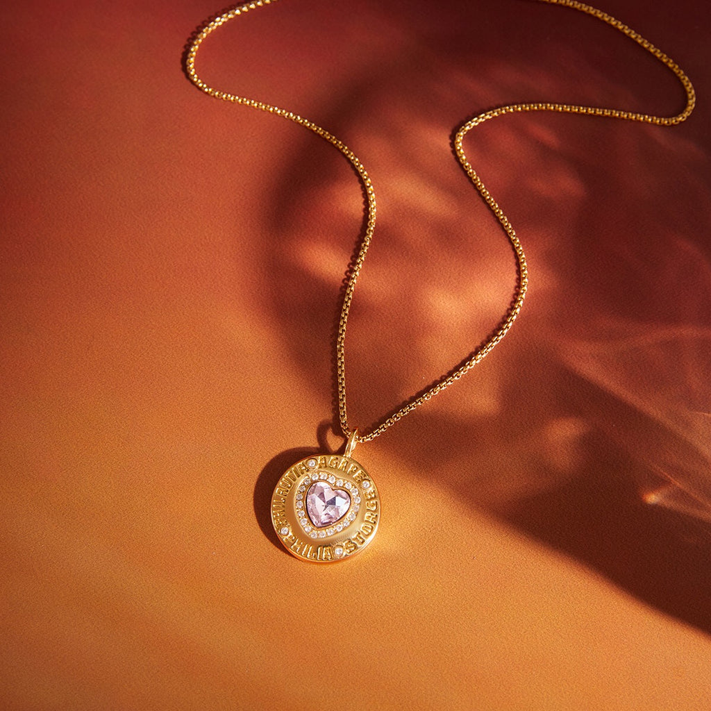 18K Gold Heart in Hand Pink Heart Hamsa Best Friend Coin Pendant Necklace