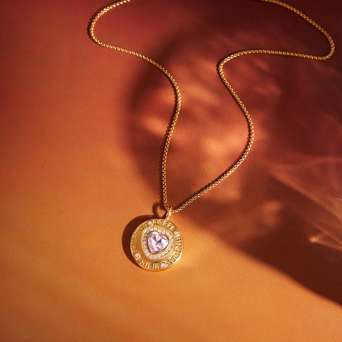 18K Gold Heart in Hand Pink Heart Hamsa Best Friend Coin Pendant Necklace