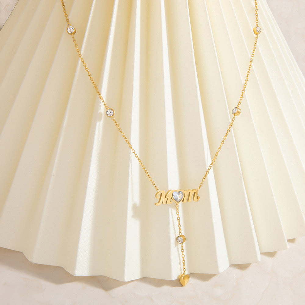 18K Gold Bling Mom CZ Lariat Necklace