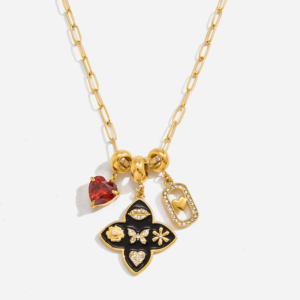 18K Gold Deep Romance Red Heart Pendant Butterfly Flower Charm Necklace