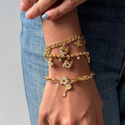 18K Gold Secret Lover Heart Lock and Key Charm Chunky Chain Bracelet