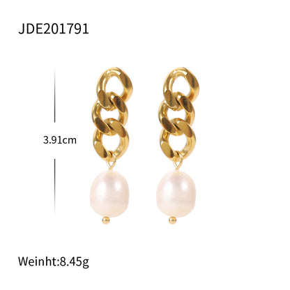 18K Gold Cuban Link Pearl Stud Dangle Earrings
