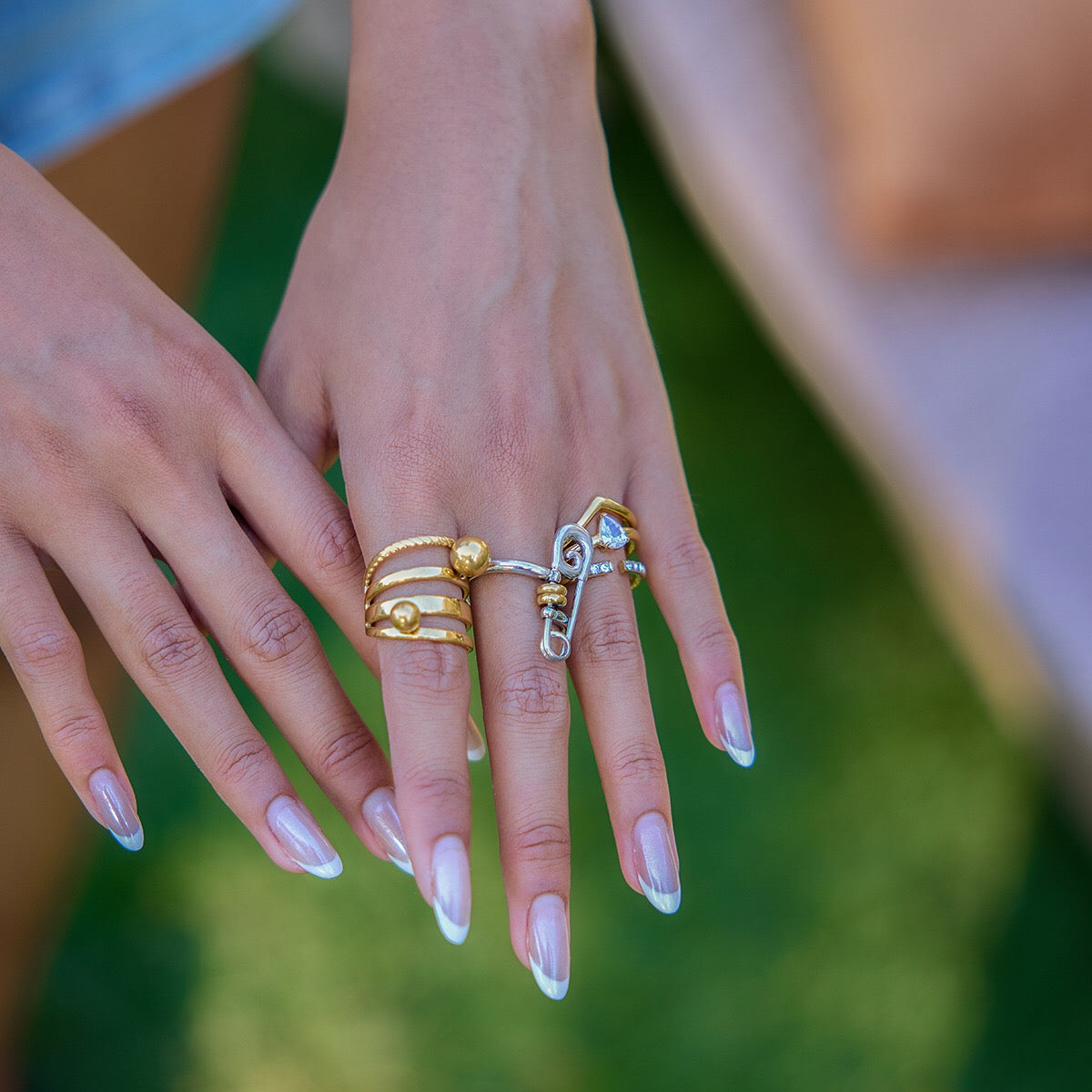 18K Gold and Silver Two Tone Safety Pin Statement Ring