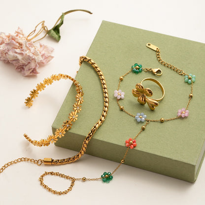 18K Gold Waterproof Color Beaded Flower Hand Chain Bracelet