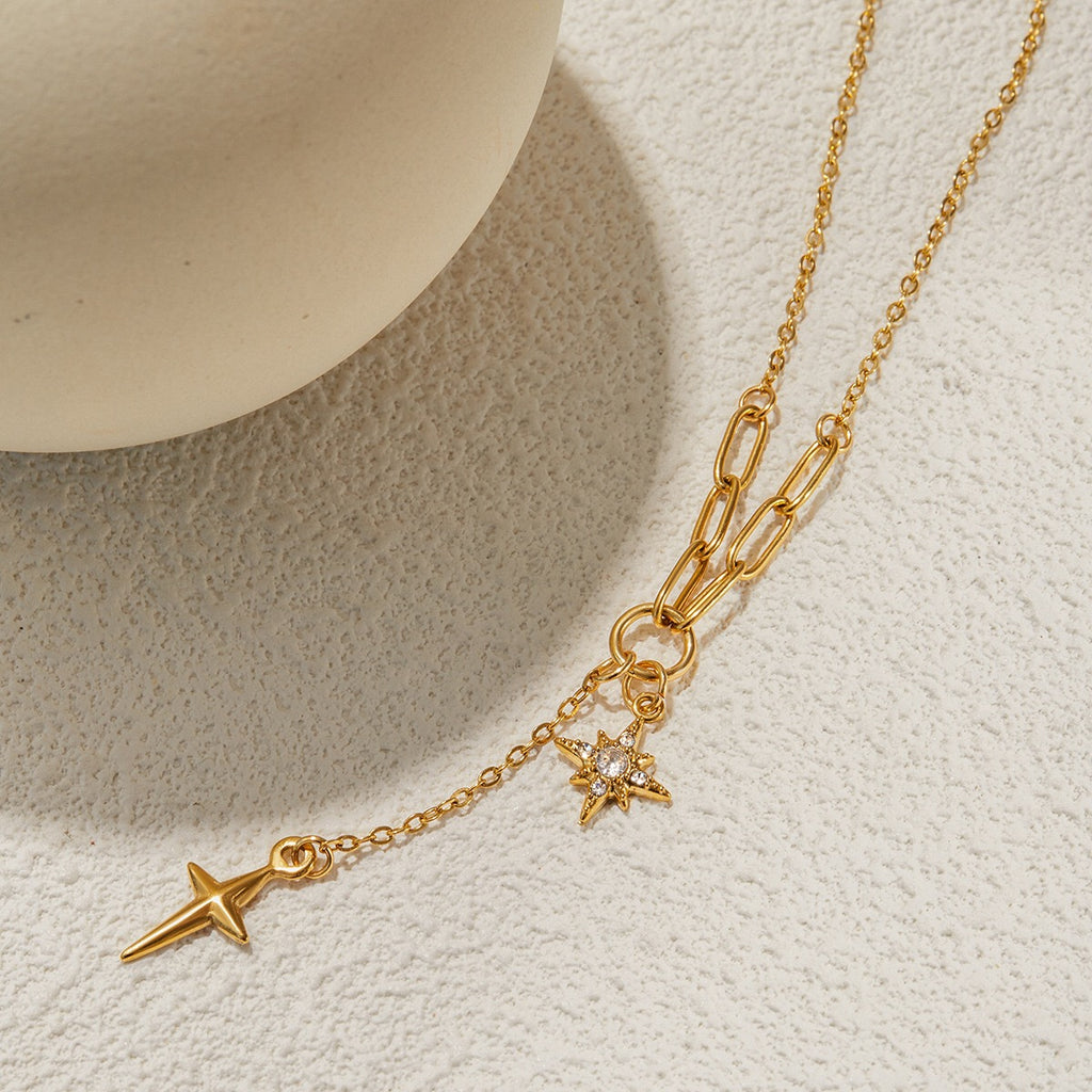 18K Gold Starry Y Shape Pendant Heart Tennis Chain Paperclip Layered Necklace Set