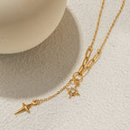 18K Gold Starry Y Shape Pendant Heart Tennis Chain Paperclip Layered Necklace Set