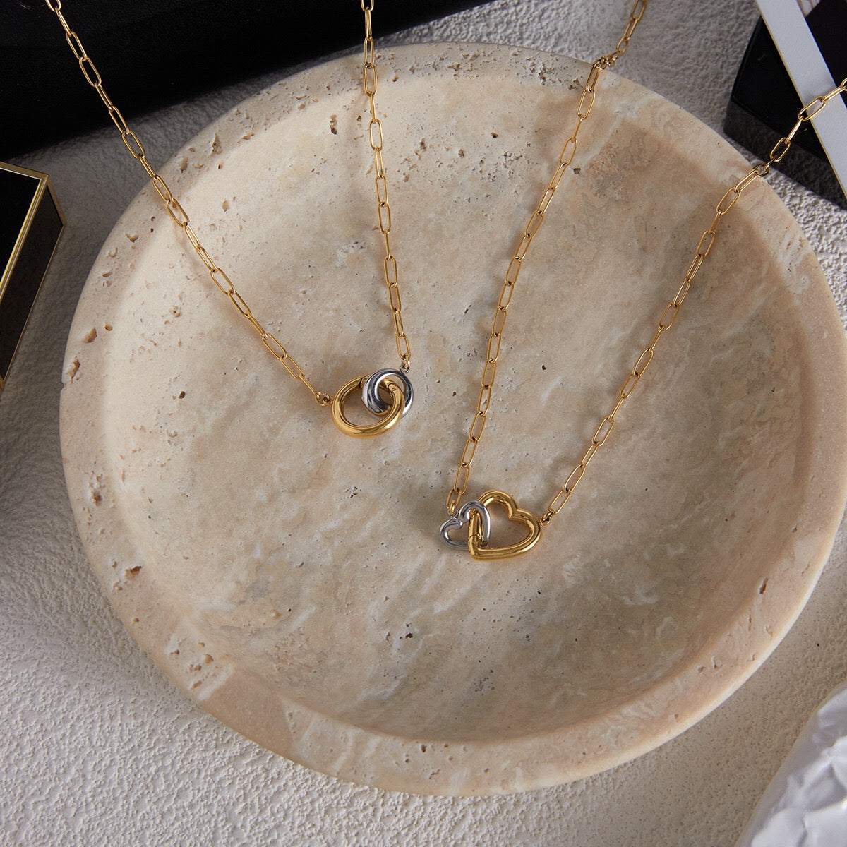 18K Gold and Silver Two Tone Linked Heart Charm Necklace