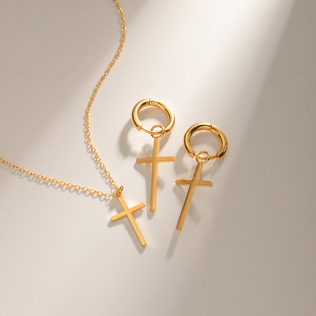 18K Gold Minimalist Cross Huggie Earrings With Charm