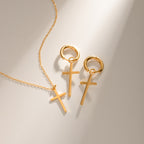 18K Gold Minimalist Cross Huggie Earrings With Charm