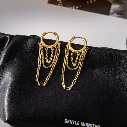 18K Gold Chic Chain Small Hoop Dangle Huggie Earrings