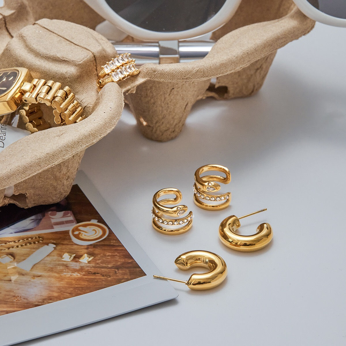 18K Gold Glory Bling Huggie Earrings Ear Cuff Set