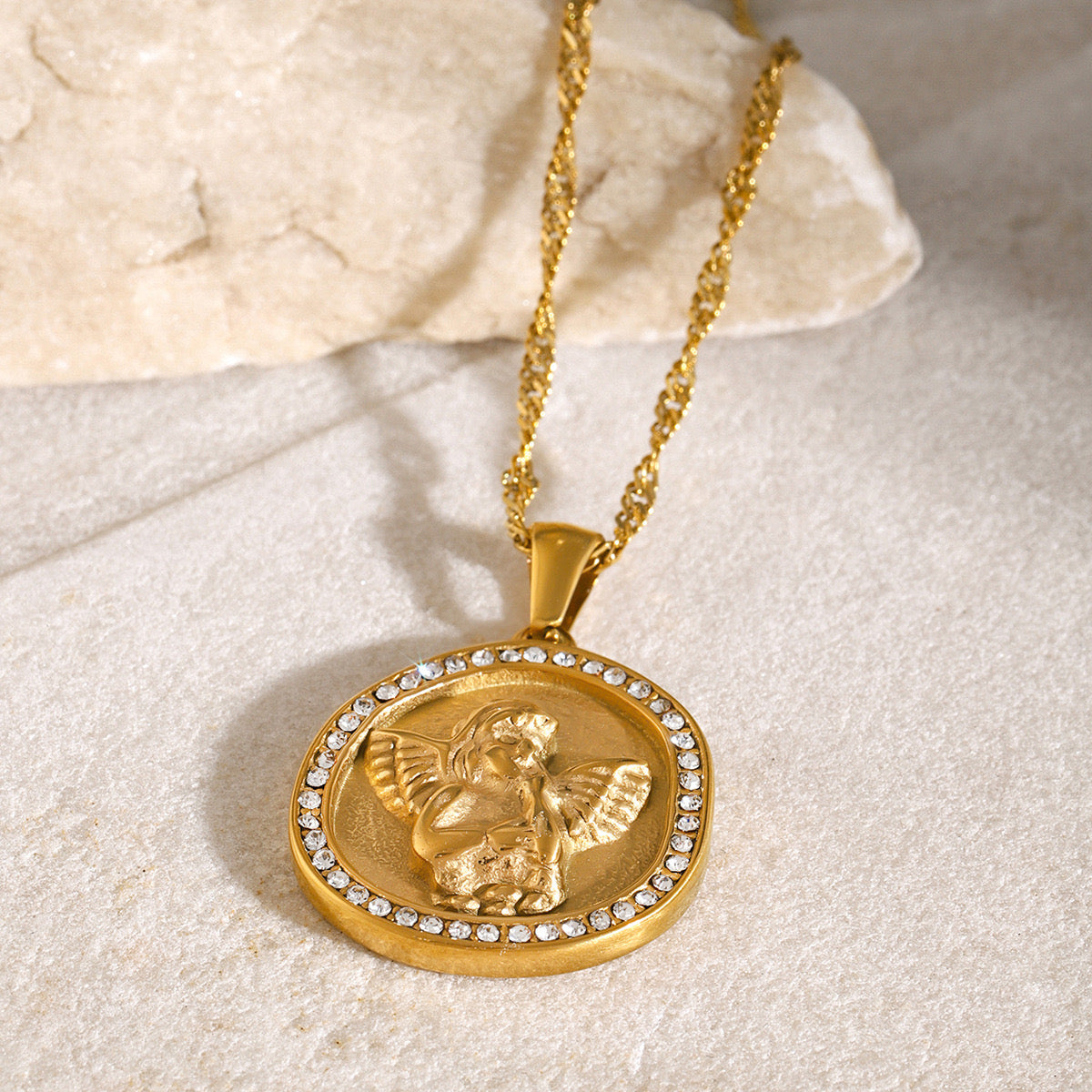 18K Gold Cupid Coin Pendant CZ Necklace