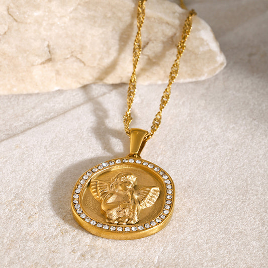 18K Gold Cupid Coin Pendant CZ Necklace