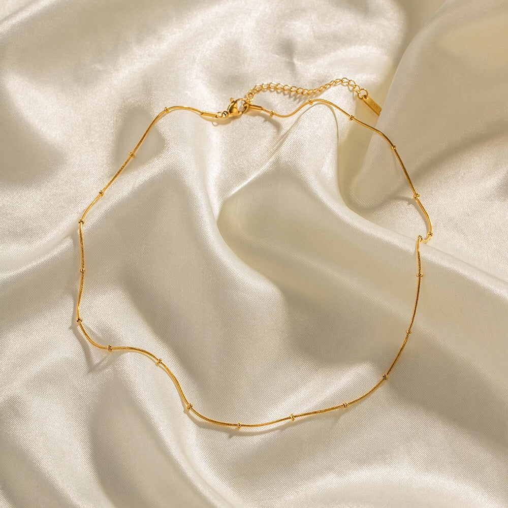 18K Gold Delicate Beaded Chain Choker Necklace