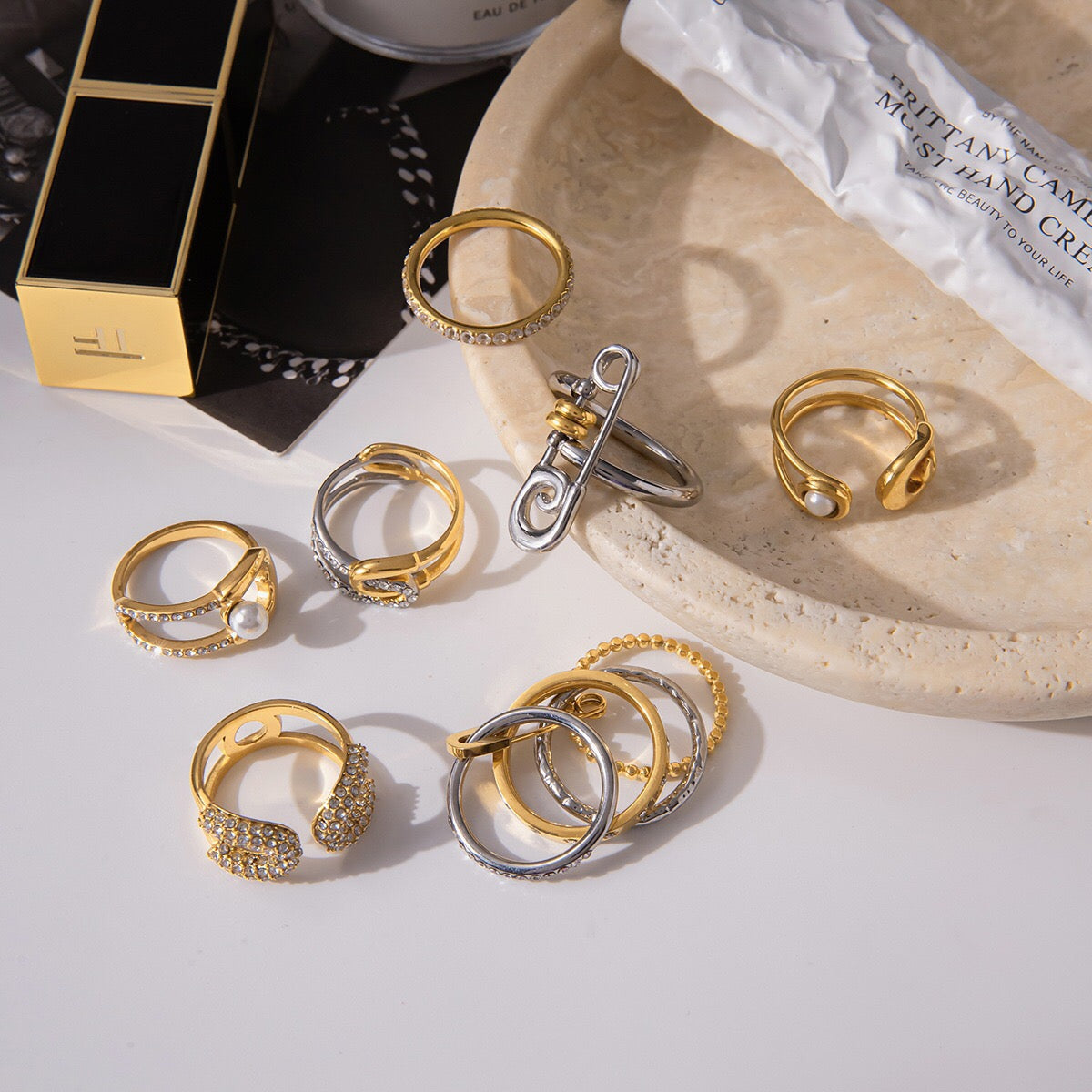 18K Gold Runway Chic Safety Pin CZ Pearl Statement Rings