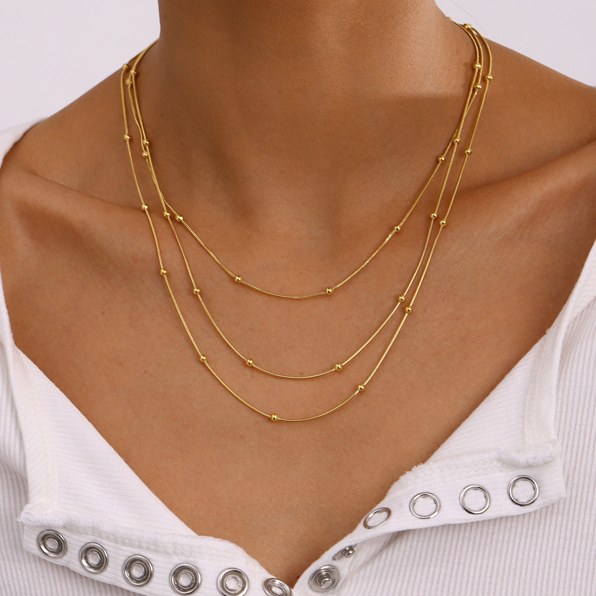 18K Gold Dainty Beaded Chain Layered Necklace Set
