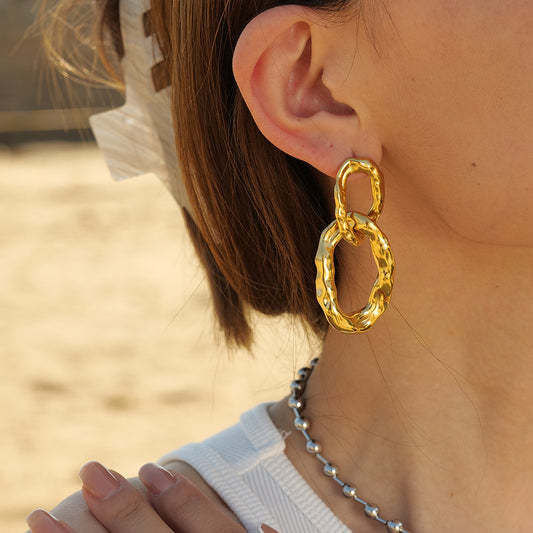 18K Gold Double Hoop Texture Statement Dangle Earrings