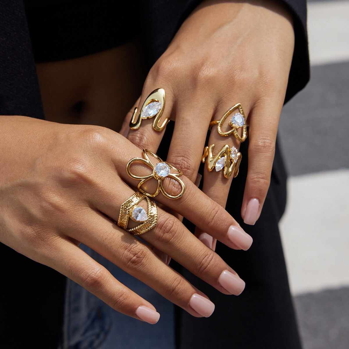 18K Gold Daily Glam Flower Heart CZ Statement Rings Set