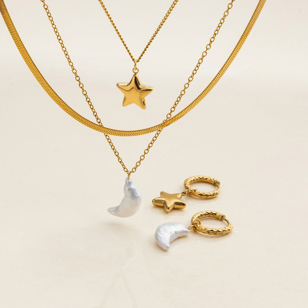 18K Gold Celestial Dream Star Pendant Pearl Moon Herringbone Chain Layered Necklace Set