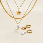 18K Gold Celestial Dream Star Pendant Pearl Moon Herringbone Chain Layered Necklace Set