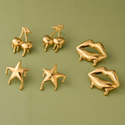 18K Gold Golden Drip Cherry Lips Star Statement Stud Earrings