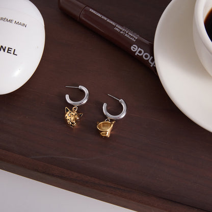 18K Gold and Silver Two Tone Savage Chic Leopard Dangle Hoop Earrings