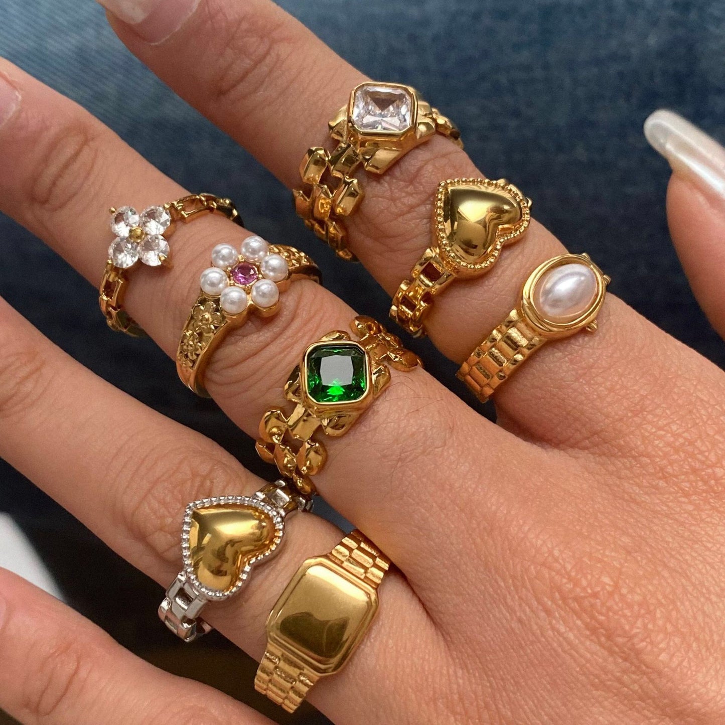 18K Gold Watch Band Flower Heart Statement CZ Stacking Ring