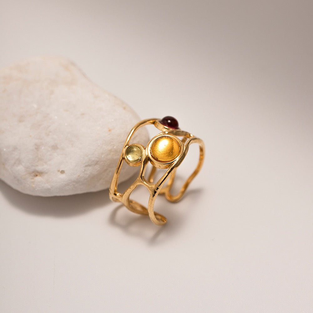 18K Gold Unique Gem Cuff Ring