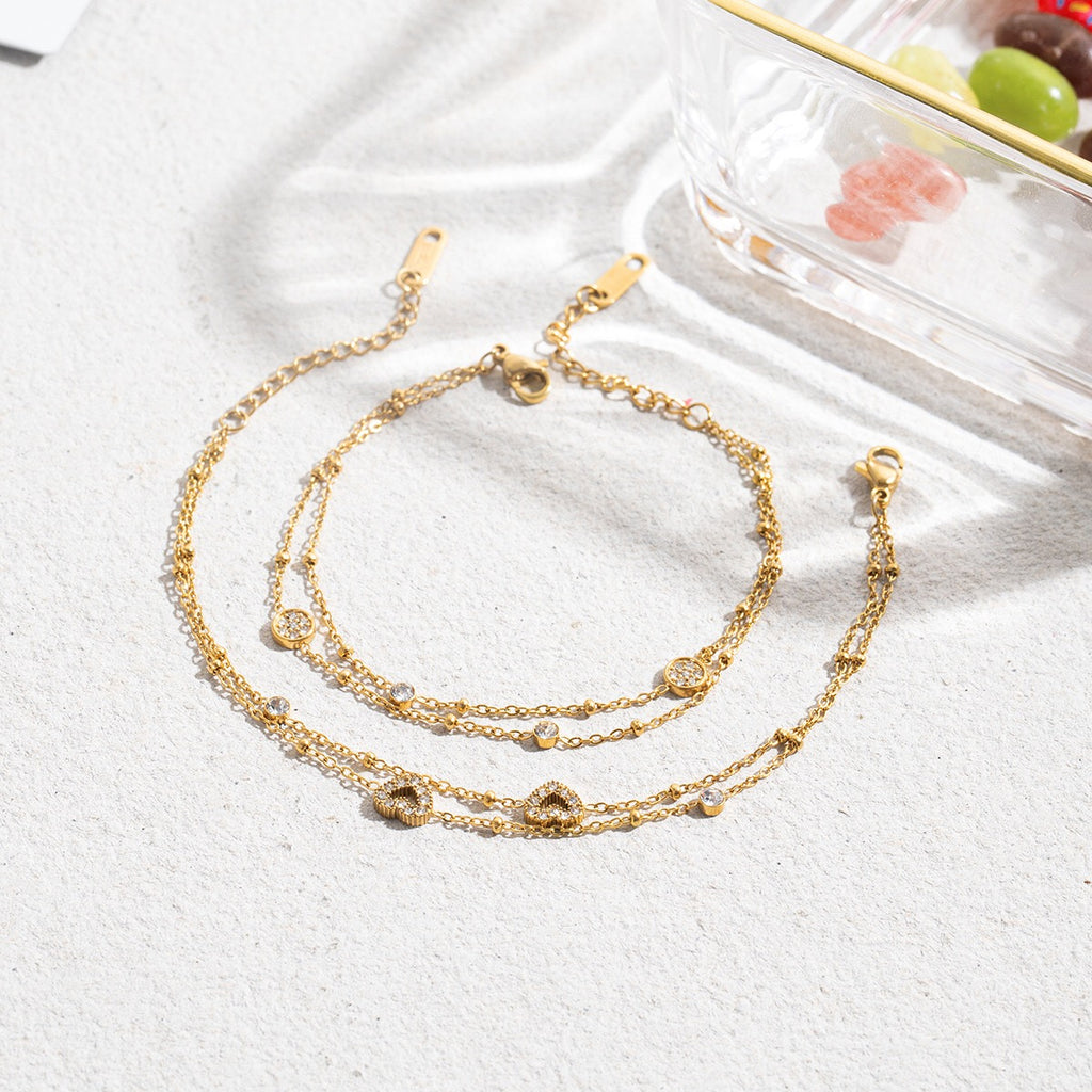 18K Gold Moonkiss Double Chain Heart Dainty Bracelet Stacks