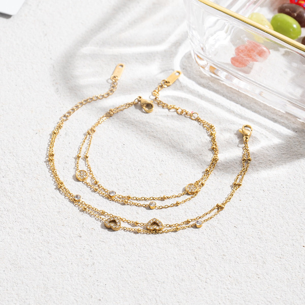 18K Gold Moonkiss Double Chain Heart Dainty Bracelet Stacks