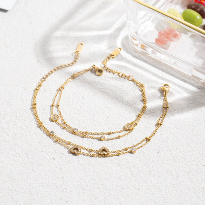 18K Gold Moonkiss Double Chain Heart Dainty Bracelet Stacks