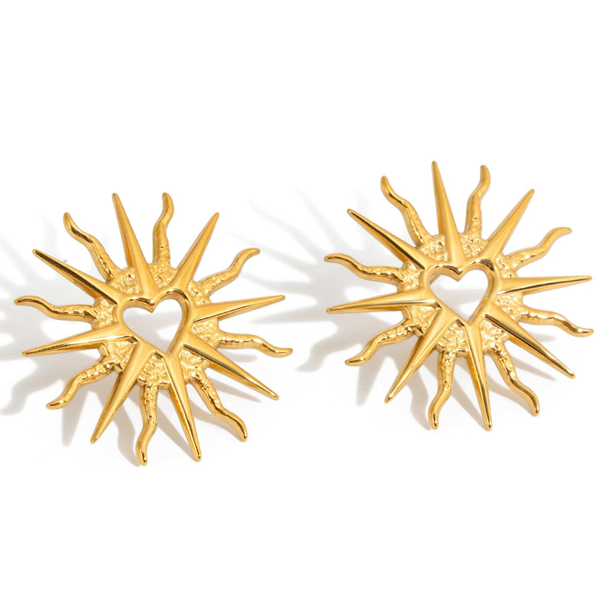 18K Gold Sunburst Heart Statement Stud Earrings