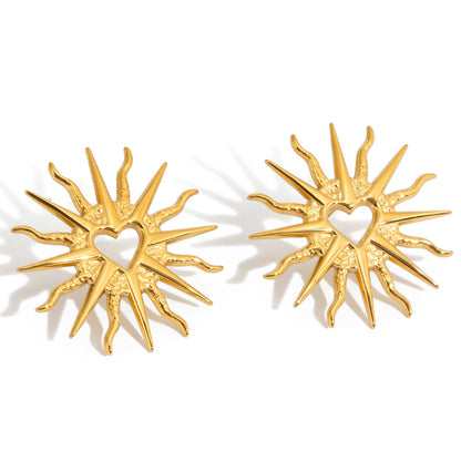 18K Gold Sunburst Heart Statement Stud Earrings