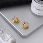 18K Gold Trio Orbit Pave Three Hoops Stud Huggie Earrings