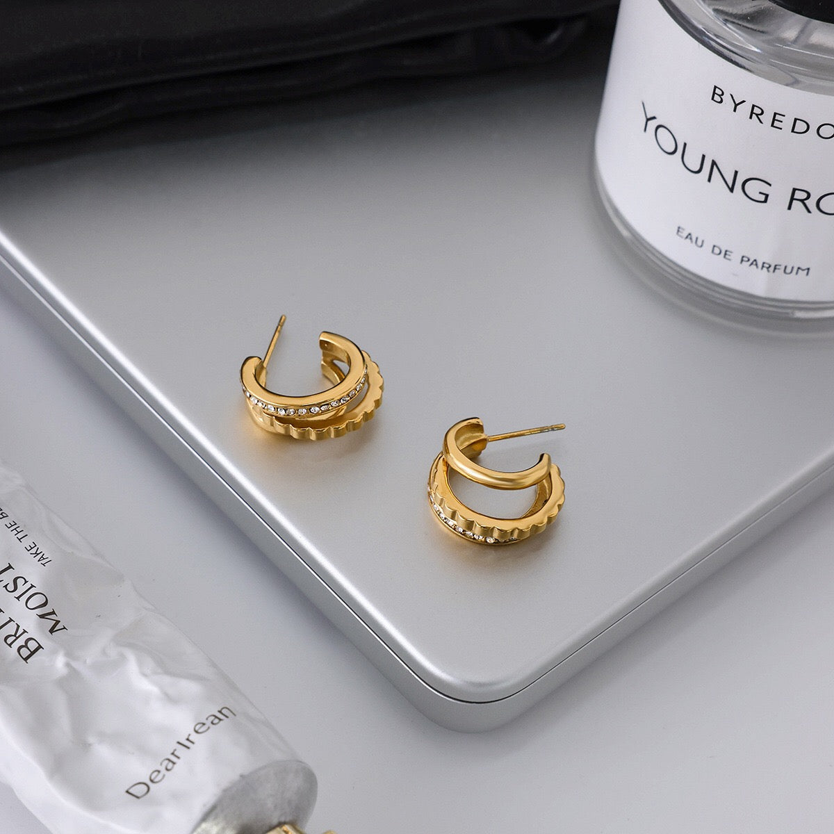 18K Gold Trio Orbit Pave Three Hoops Stud Huggie Earrings