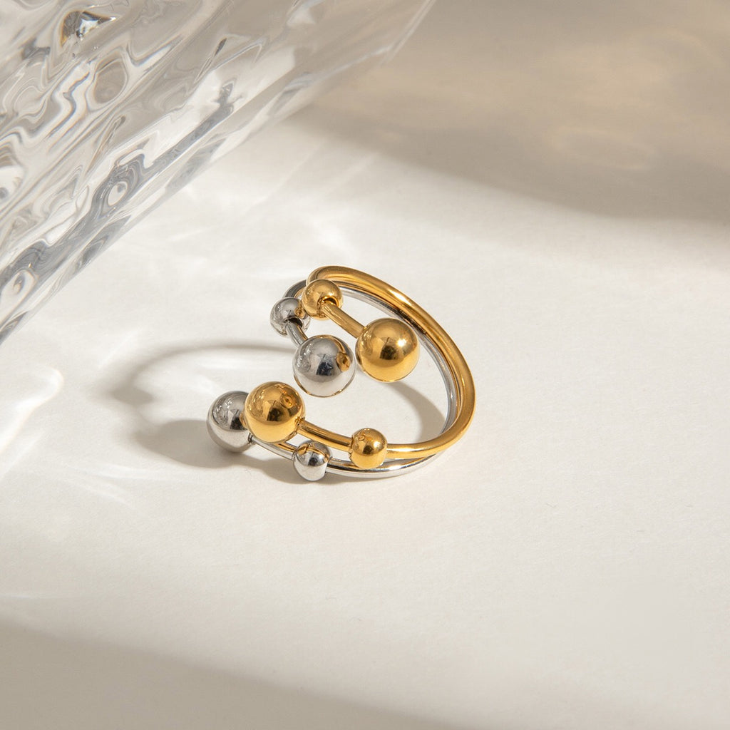 18K Gold and Silver Two Tone Orbit Beads Cuff Ring