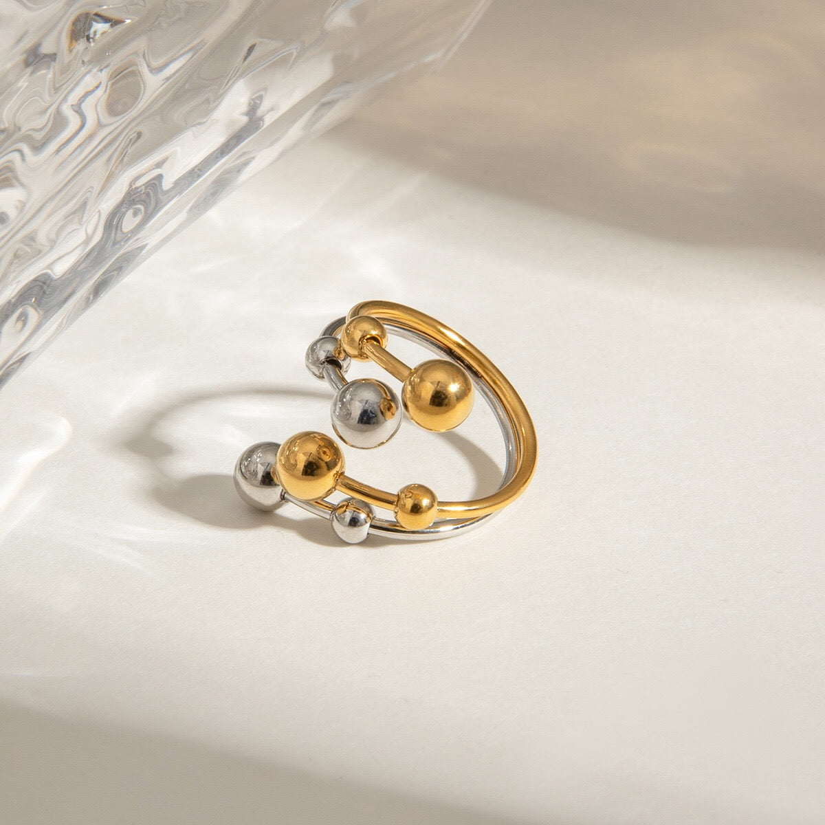 18K Gold and Silver Two Tone Orbit Beads Cuff Ring