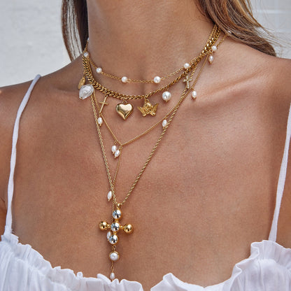 18K Gold Forbidden Cross Pearl Pendant Statement Layered Necklace Set