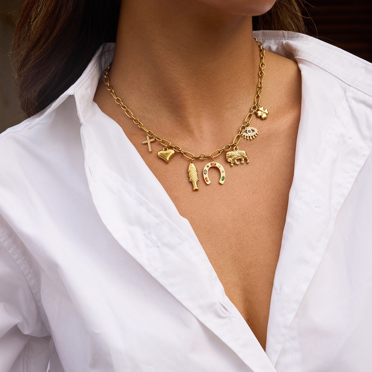 18K Gold Wicked Luck Horseshoe Clover Charm Necklace