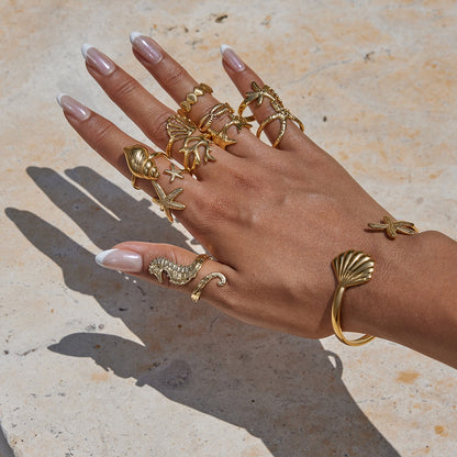 18K Gold Coastal Life Seashel Coral Starfish Ring Sets